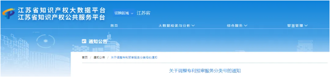 江蘇省關(guān)于調(diào)整專利預(yù)審服務(wù)分類號的通知